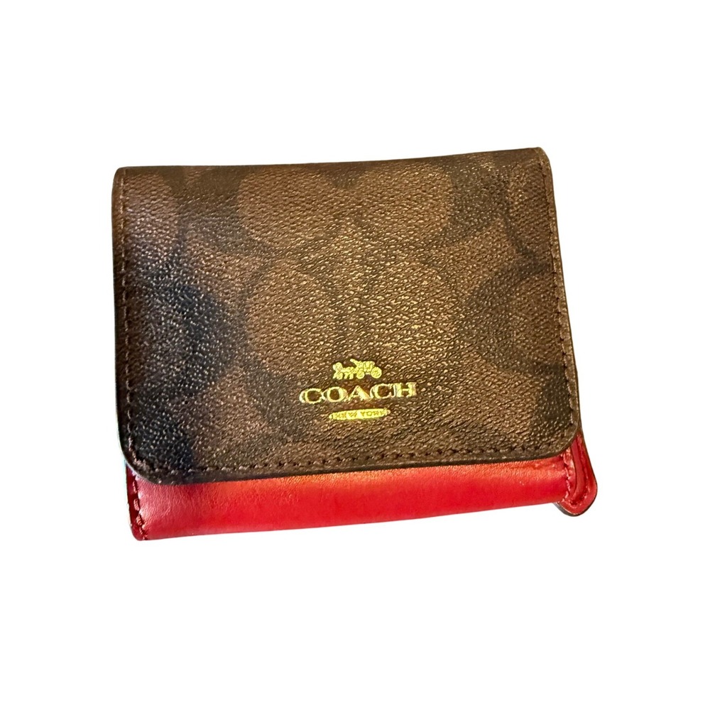 COACH Small Trifold Wallet Signature Canvas Red Leather Zip Coin Pocket Logo